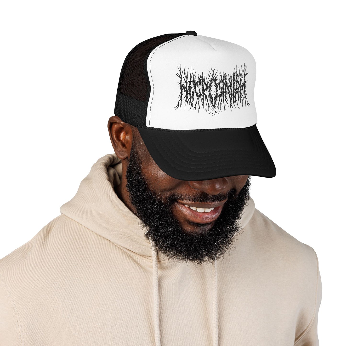 Embroidered Black Metal Trucker Hat — Distressed Tree-Root Logo Foam Cap