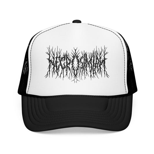 Embroidered Black Metal Trucker Hat — Distressed Tree-Root Logo Foam Cap