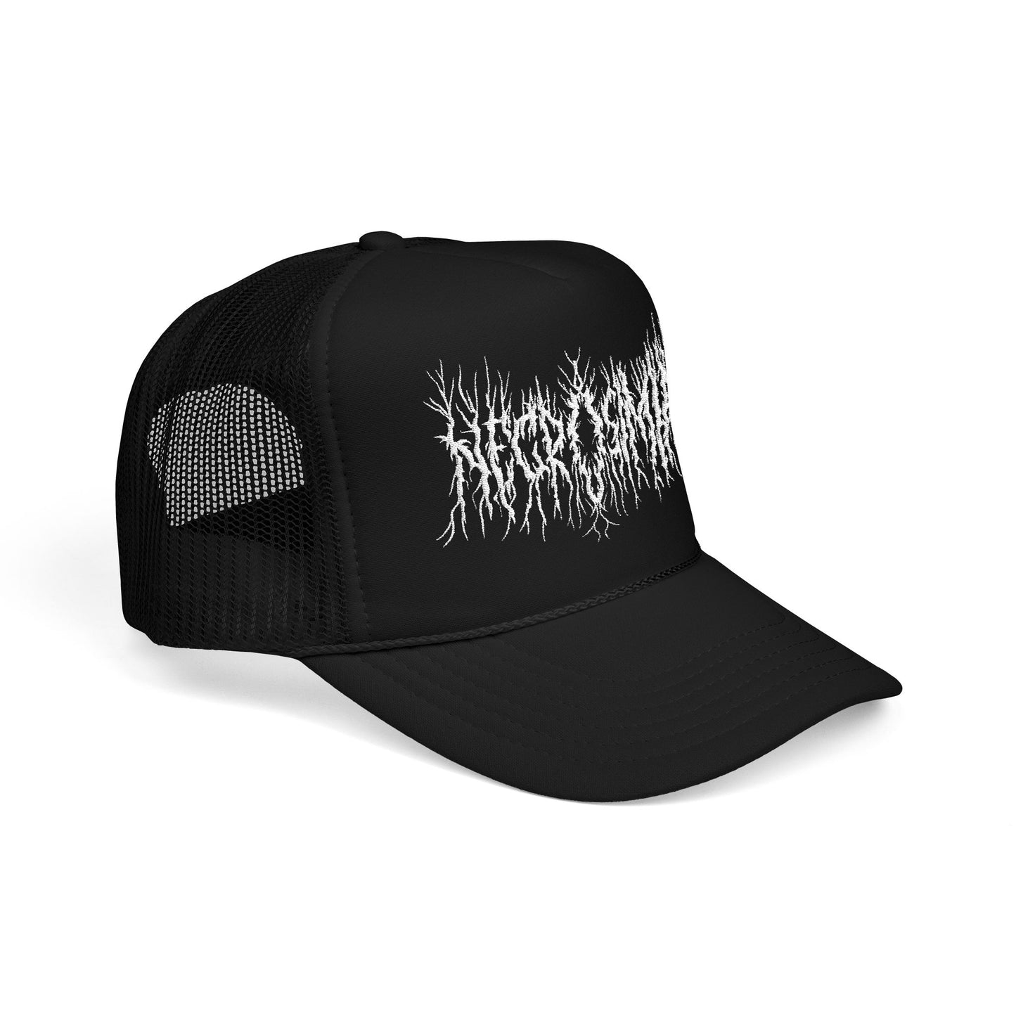 Trucker Hat — Embroidered Black Metal Logo Foam Cap