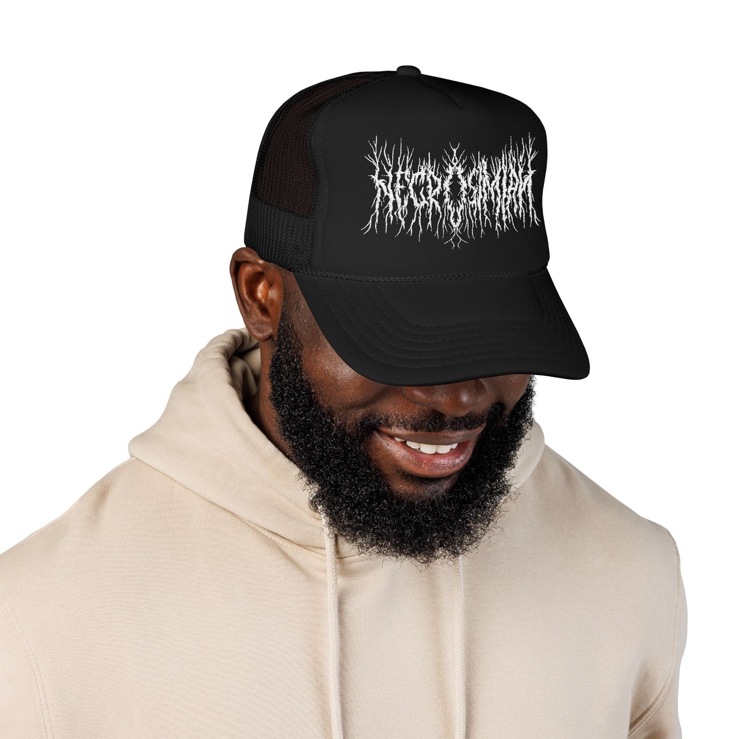 Trucker Hat — Embroidered Black Metal Logo Foam Cap