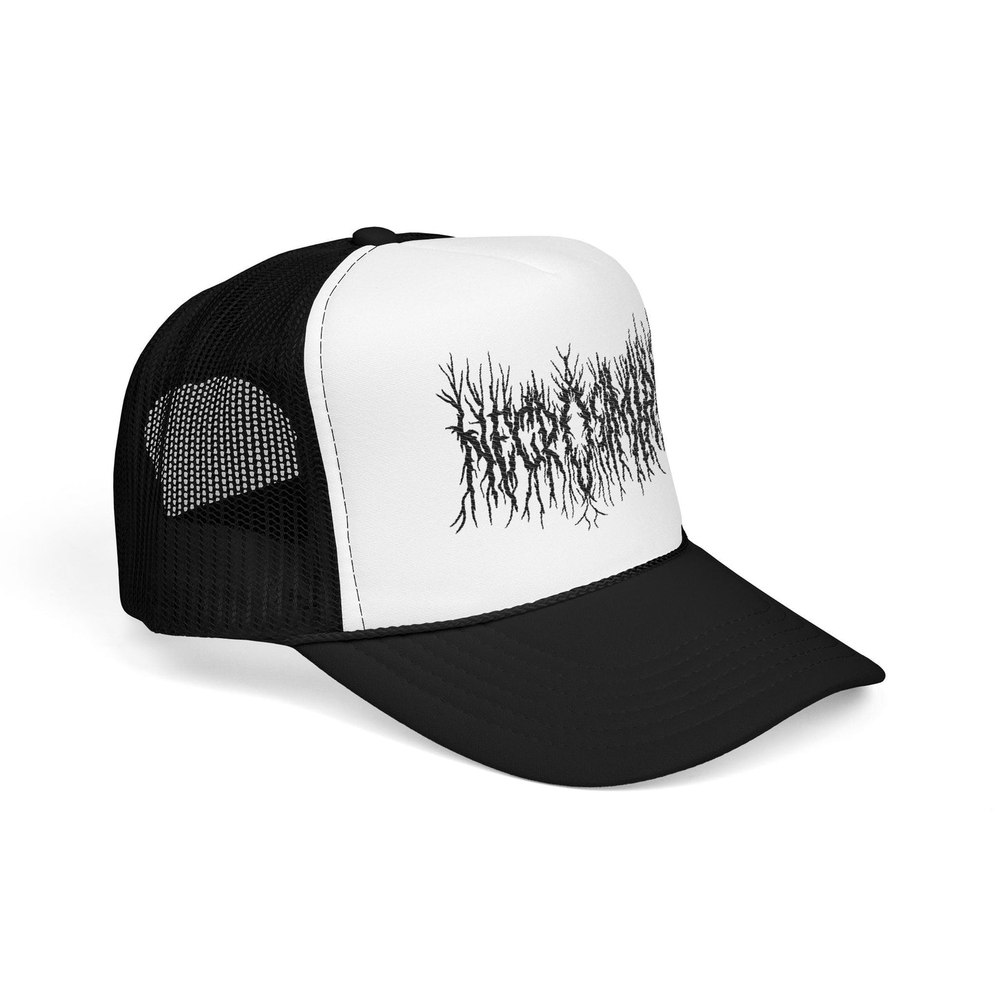 Embroidered Black Metal Trucker Hat — Distressed Tree-Root Logo Foam Cap